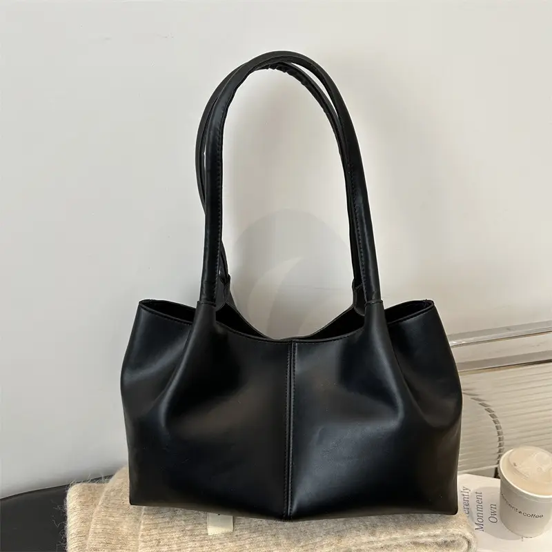 Black Leather Tote Bag with Handle for Women - Image 5