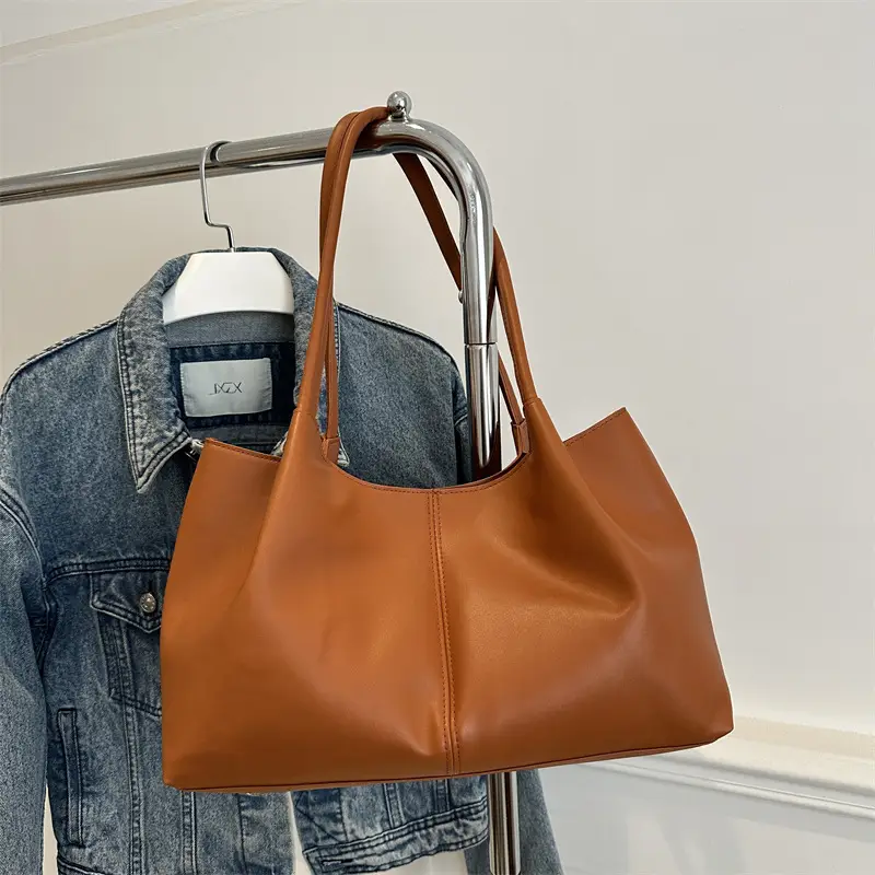 Black Leather Tote Bag with Handle for Women - Image 3