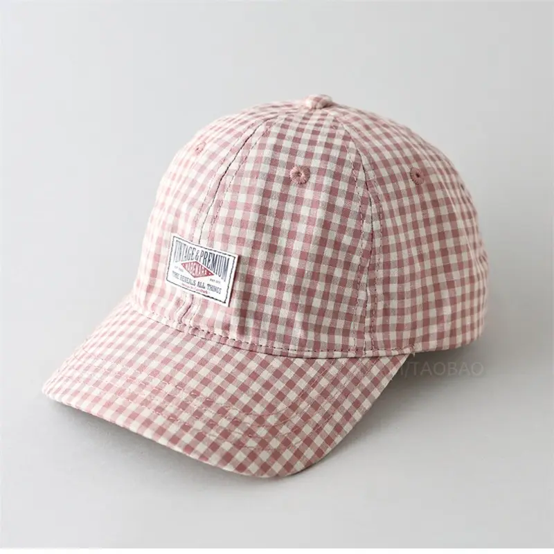 Men's Pink Checkered Baseball Cap with Duck Tongue Label - Image 8