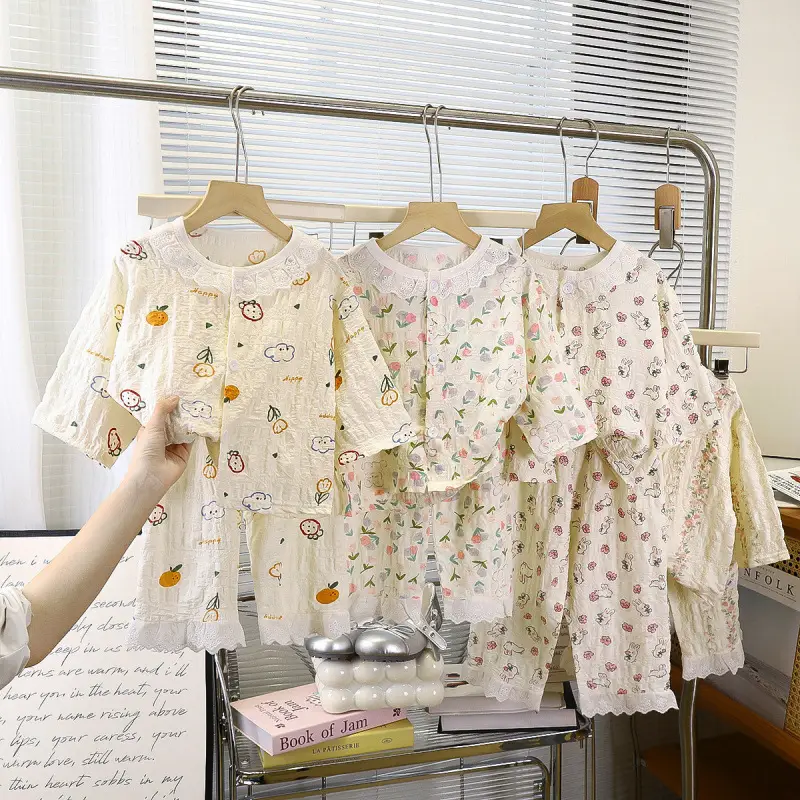 Girls' Pajamas Summer Children's Nine-Quarter Sleeve Thin Lace Home Clothes Baby Girl's Time Cotton Korean Style Air-Conditioned Clothes Suit