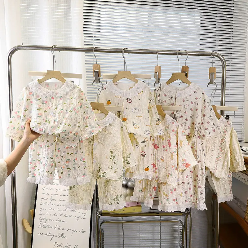 Girls' Pajamas Summer Children's Nine-Quarter Sleeve Thin Lace Home Clothes Baby Girl's Time Cotton Korean Style Air-Conditioned Clothes Suit