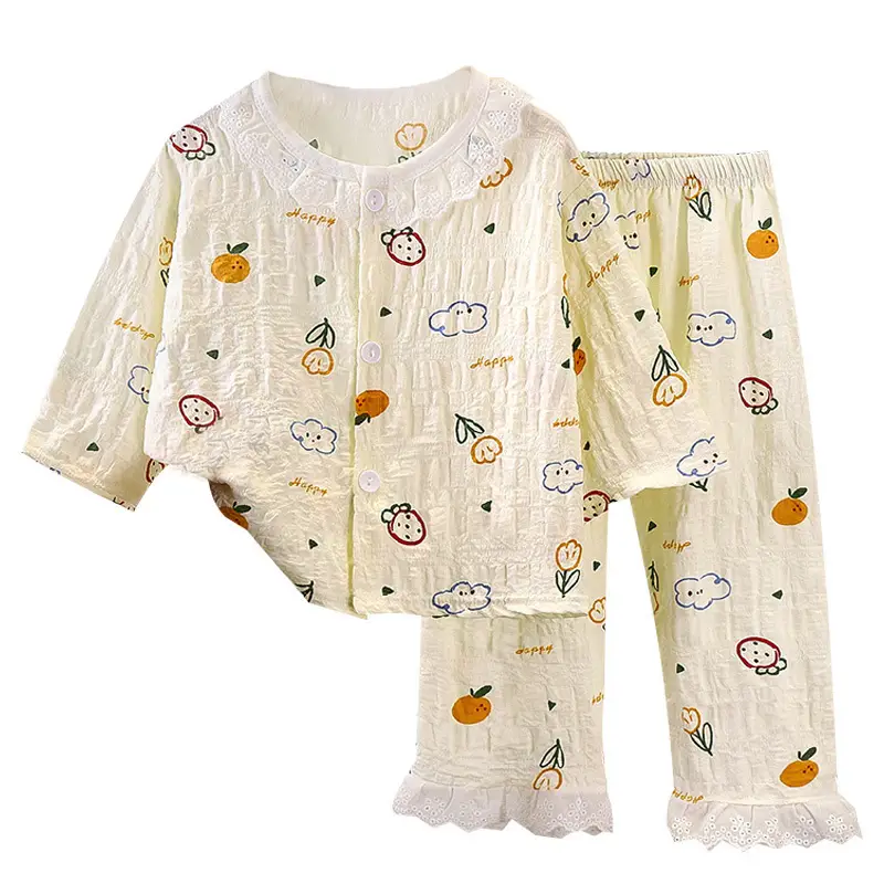 Girls' Pajamas Summer Children's Nine-Quarter Sleeve Thin Lace Home Clothes Baby Girl's Time Cotton Korean Style Air-Conditioned Clothes Suit