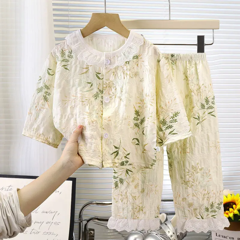 Girls' Pajamas Summer Children's Nine-Quarter Sleeve Thin Lace Home Clothes Baby Girl's Time Cotton Korean Style Air-Conditioned Clothes Suit