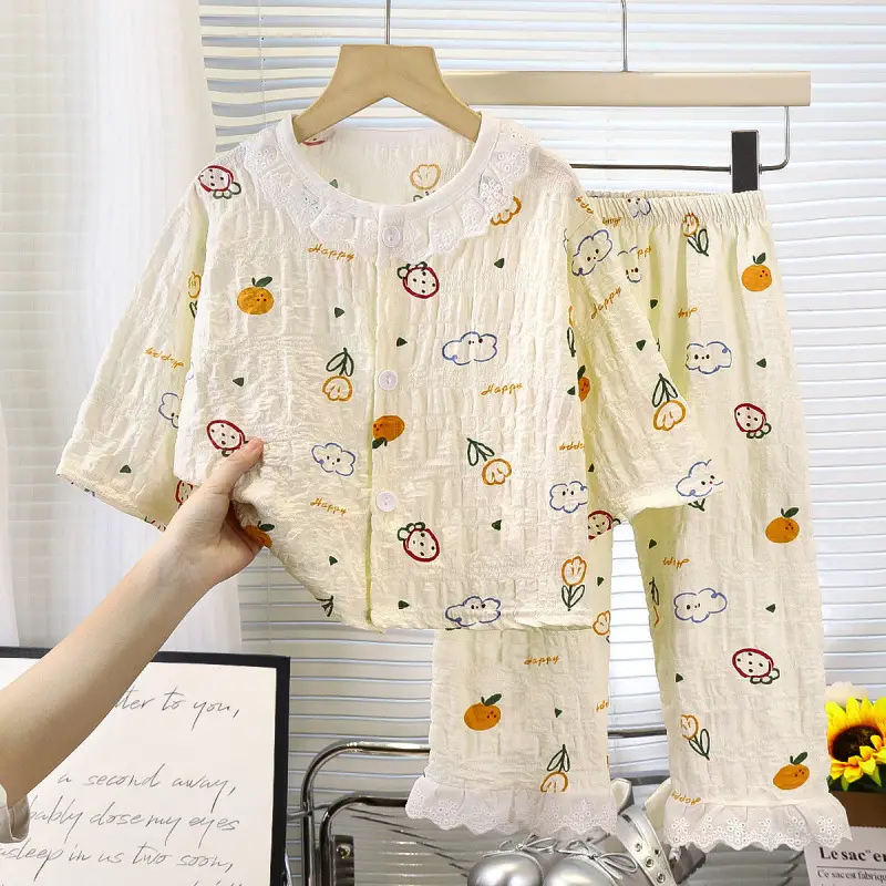 Girls' Pajamas Summer Children's Nine-Quarter Sleeve Thin Lace Home Clothes Baby Girl's Time Cotton Korean Style Air-Conditioned Clothes Suit