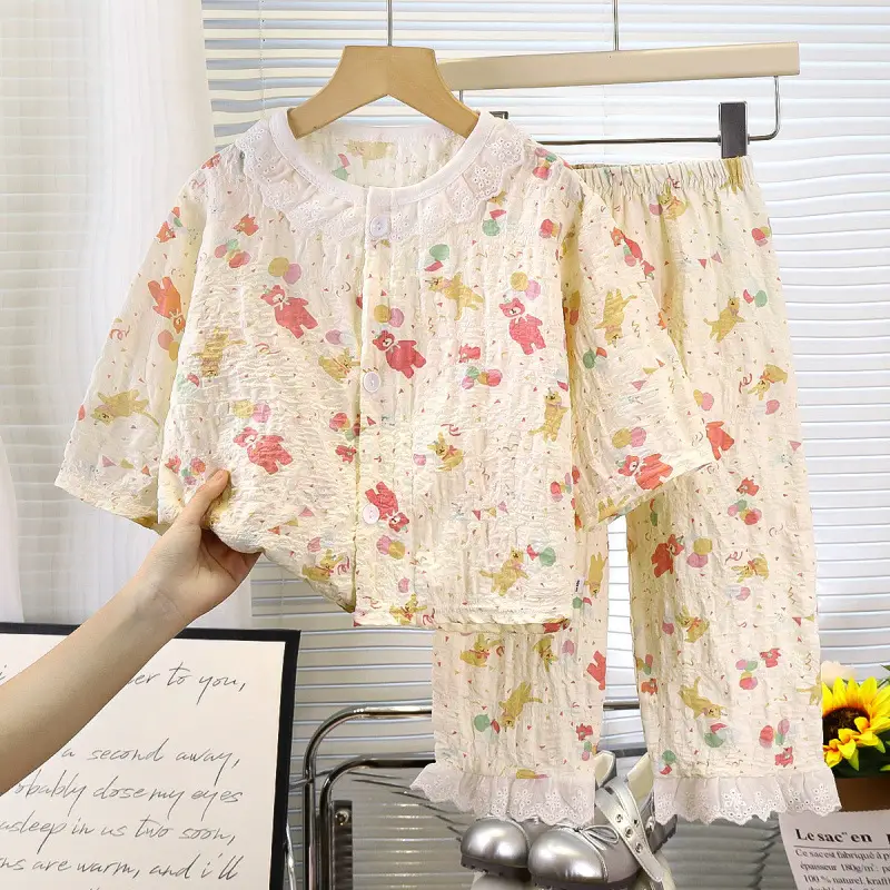 Girls' Pajamas Summer Children's Nine-Quarter Sleeve Thin Lace Home Clothes Baby Girl's Time Cotton Korean Style Air-Conditioned Clothes Suit