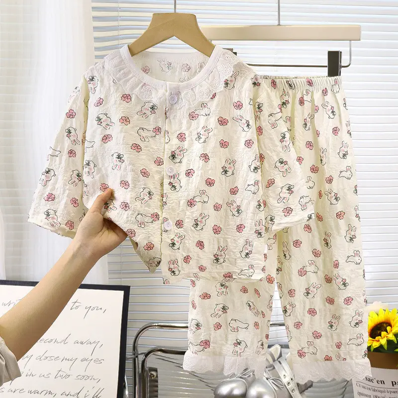 Girls' Pajamas Summer Children's Nine-Quarter Sleeve Thin Lace Home Clothes Baby Girl's Time Cotton Korean Style Air-Conditioned Clothes Suit
