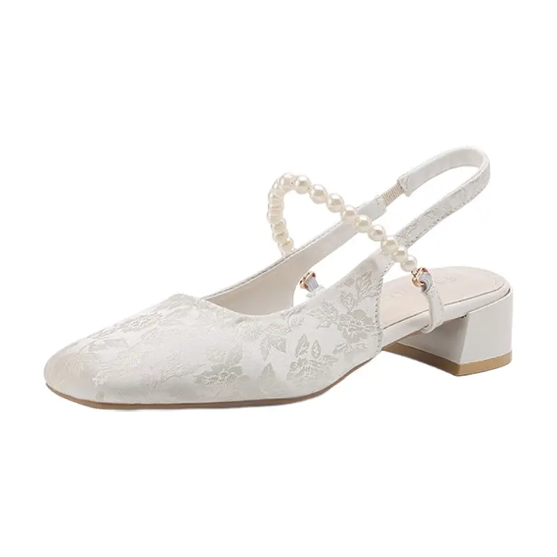 National Style Thick Heel Square-toe Single-layer Shoes Women's 2025 New Summer Fairy Style Chinese Embroidered Pearl Middle Heel Baotou Sandals - Image 7