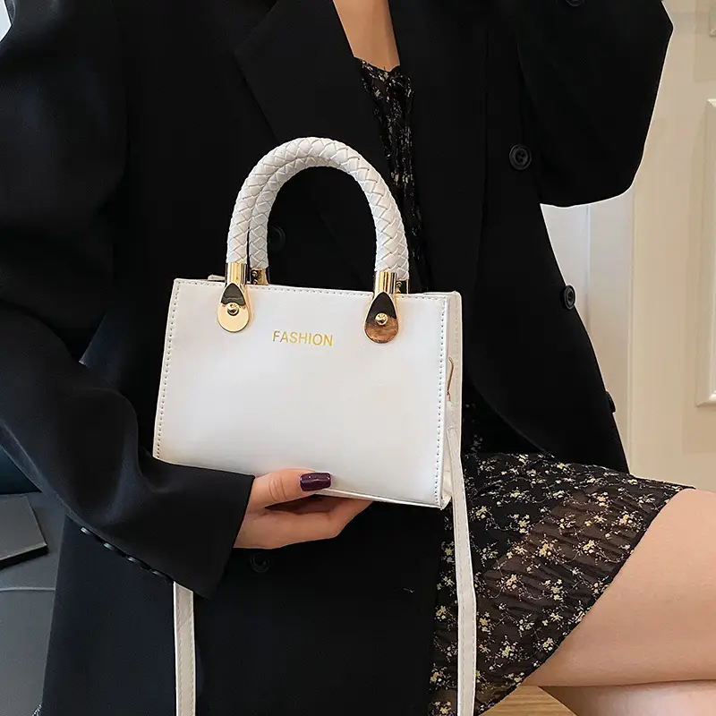 White Texturized Square Handbag with Gold Hardware - Image 6