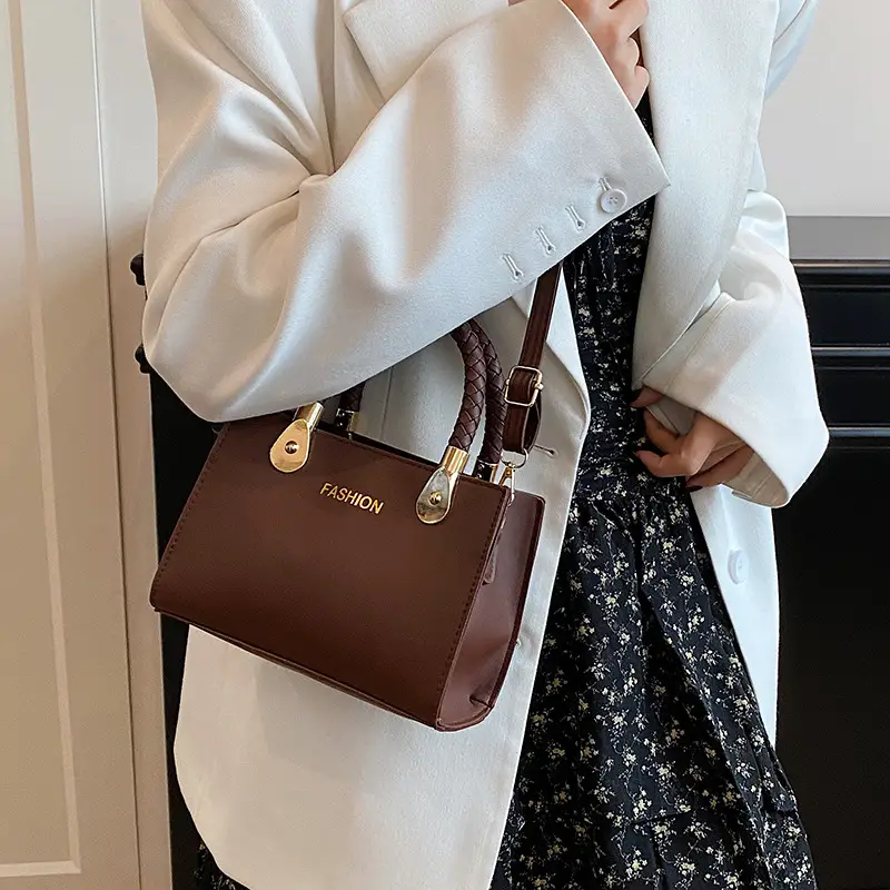 White Texturized Square Handbag with Gold Hardware - Image 7