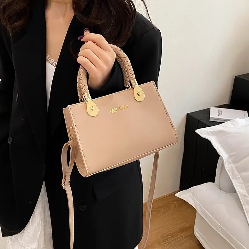 White Texturized Square Handbag with Gold Hardware - Image 8