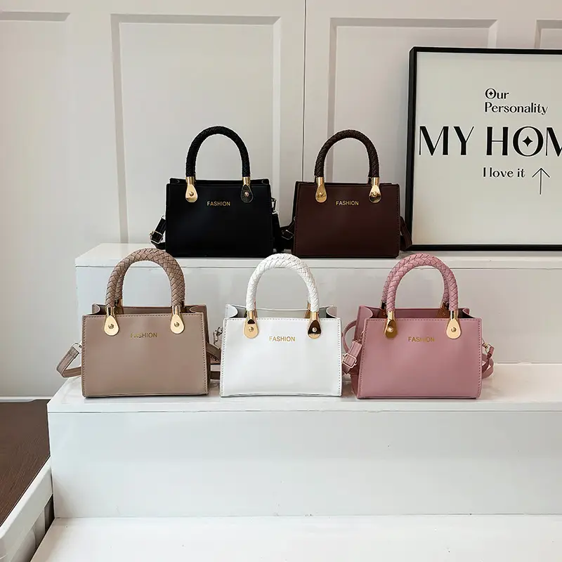 White Texturized Square Handbag with Gold Hardware - Image 9