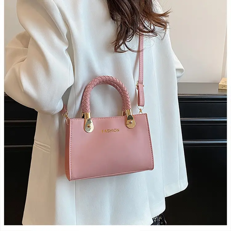 White Texturized Square Handbag with Gold Hardware — feature 10