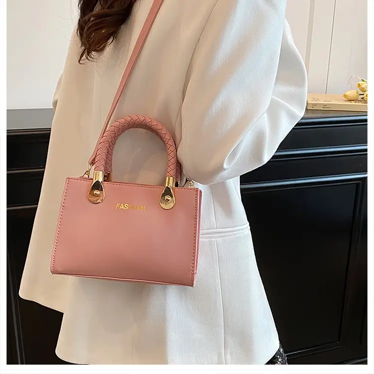 White Texturized Square Handbag with Gold Hardware — feature 11