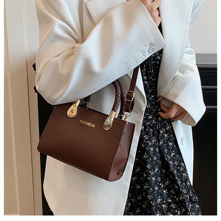 White Texturized Square Handbag with Gold Hardware — feature 12