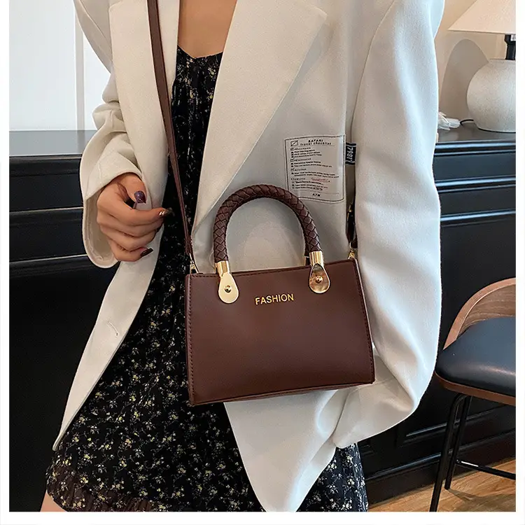 White Texturized Square Handbag with Gold Hardware — feature 13