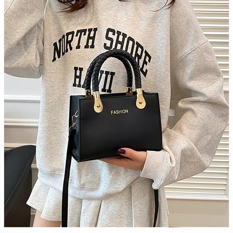 White Texturized Square Handbag with Gold Hardware — feature 14