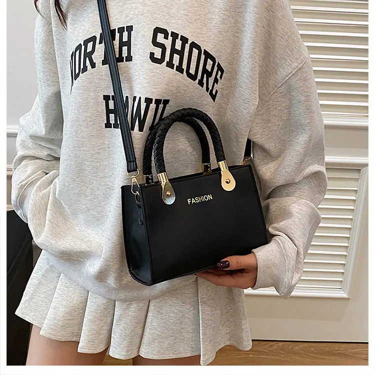 White Texturized Square Handbag with Gold Hardware — feature 16