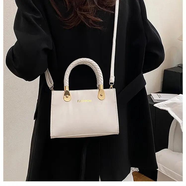 White Texturized Square Handbag with Gold Hardware — feature 17