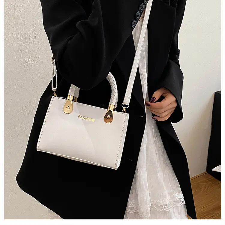 White Texturized Square Handbag with Gold Hardware — feature 18