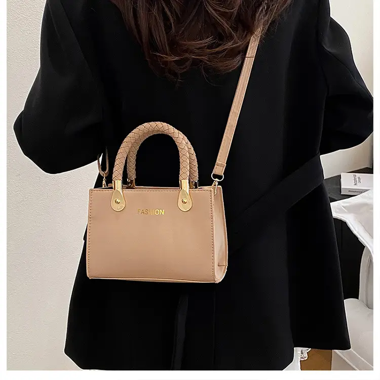 White Texturized Square Handbag with Gold Hardware — feature 19