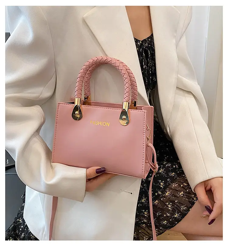 White Texturized Square Handbag with Gold Hardware — feature 2
