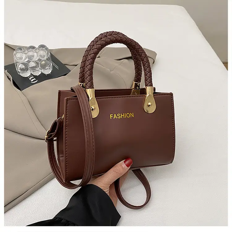 White Texturized Square Handbag with Gold Hardware — feature 21