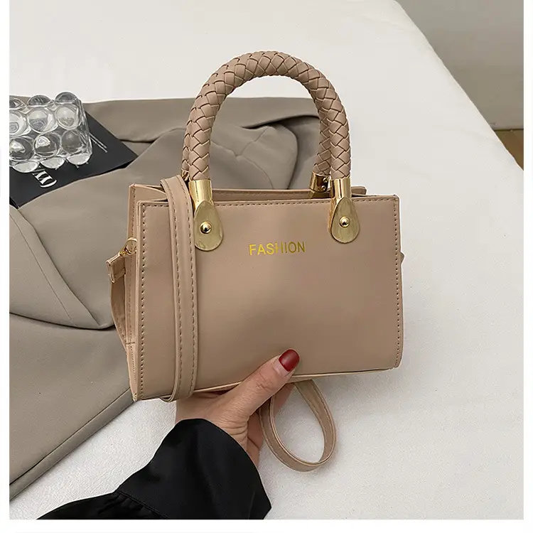 White Texturized Square Handbag with Gold Hardware — feature 22