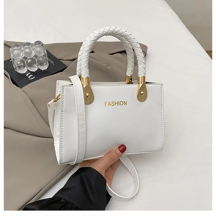 White Texturized Square Handbag with Gold Hardware — feature 23