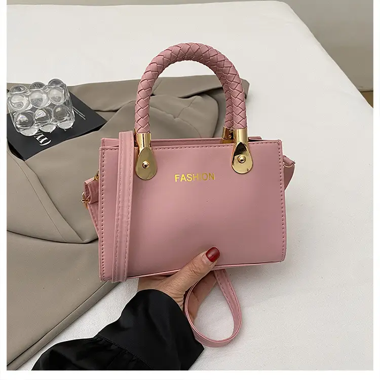 White Texturized Square Handbag with Gold Hardware — feature 24