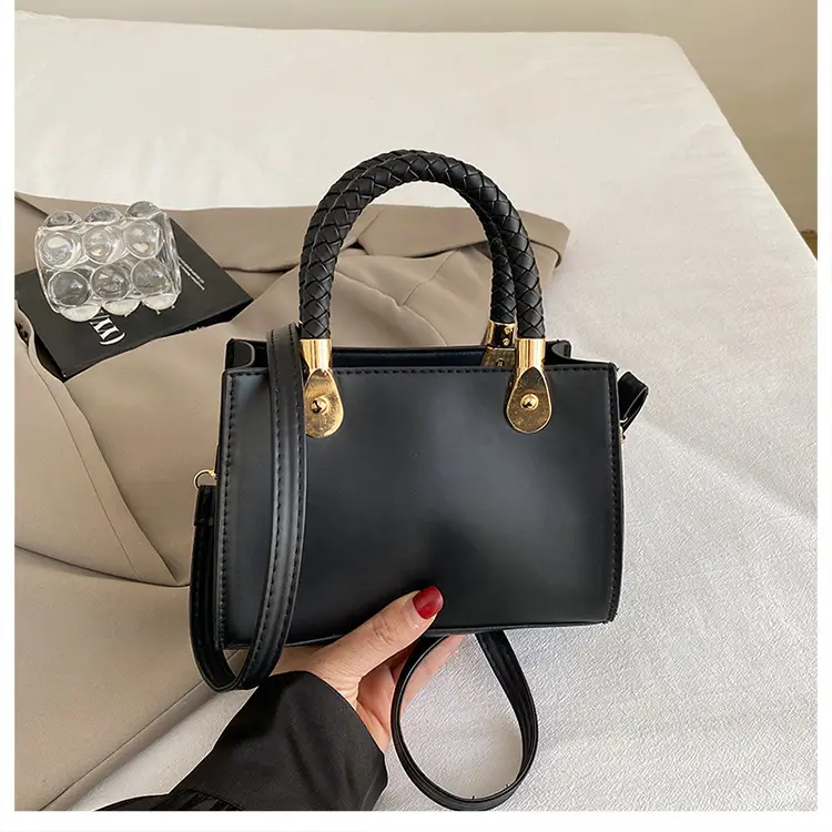 White Texturized Square Handbag with Gold Hardware — feature 25