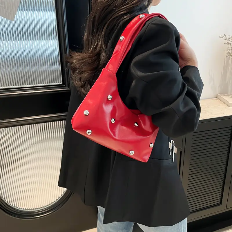 Red Rivet Ball Shoulder Bag for Women