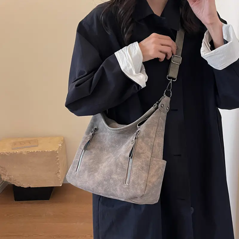 Women Retro Korean Style Shoulder Bag Grey Large Capacity - Image 3