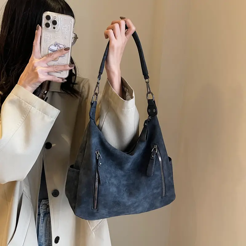 Women Retro Korean Style Shoulder Bag Grey Large Capacity - Image 4