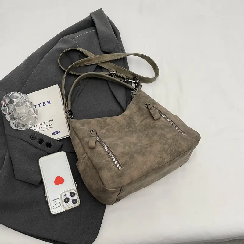 Women Retro Korean Style Shoulder Bag Grey Large Capacity - Image 6