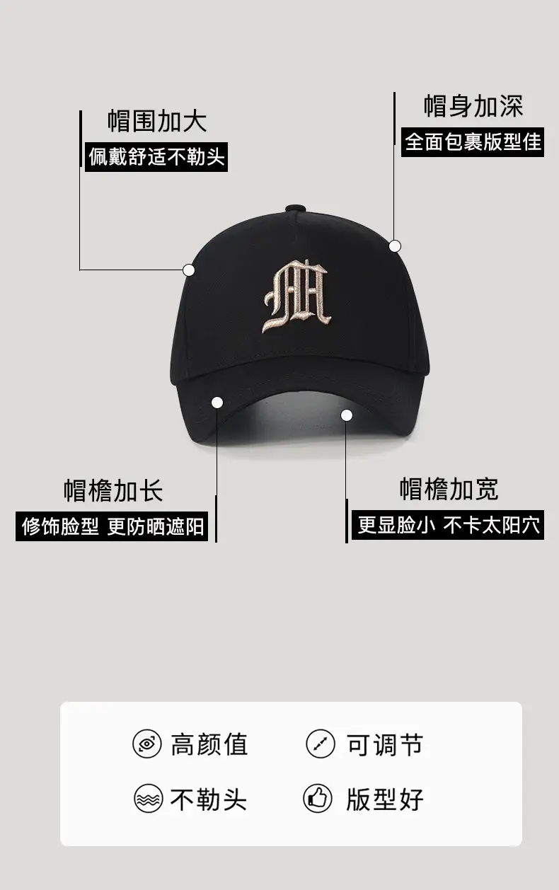 Men's Black High-top Baseball Cap with Wide Brim & Sunscreen — feature 3