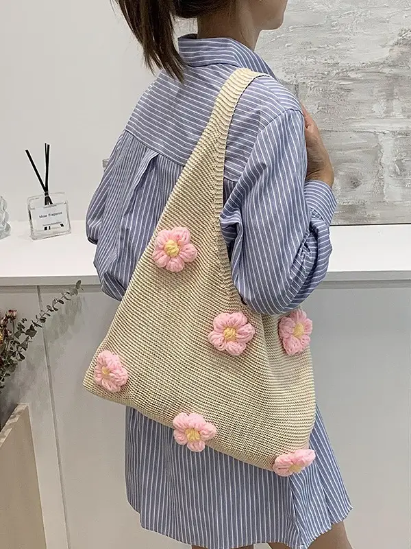 Women Knitted Shoulder Bag Pink Floral Spring Summer 2025