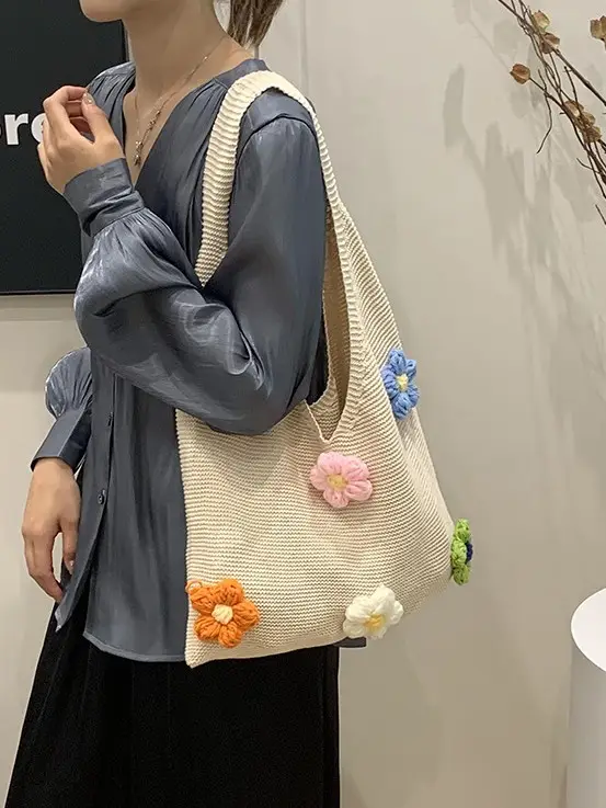 Women Knitted Shoulder Bag Pink Floral Spring Summer 2025
