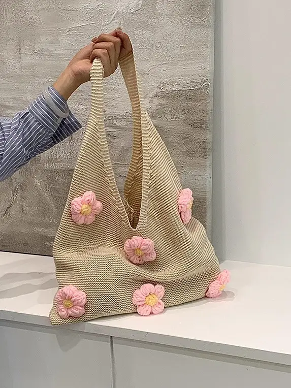Women Knitted Shoulder Bag Pink Floral Spring Summer 2025
