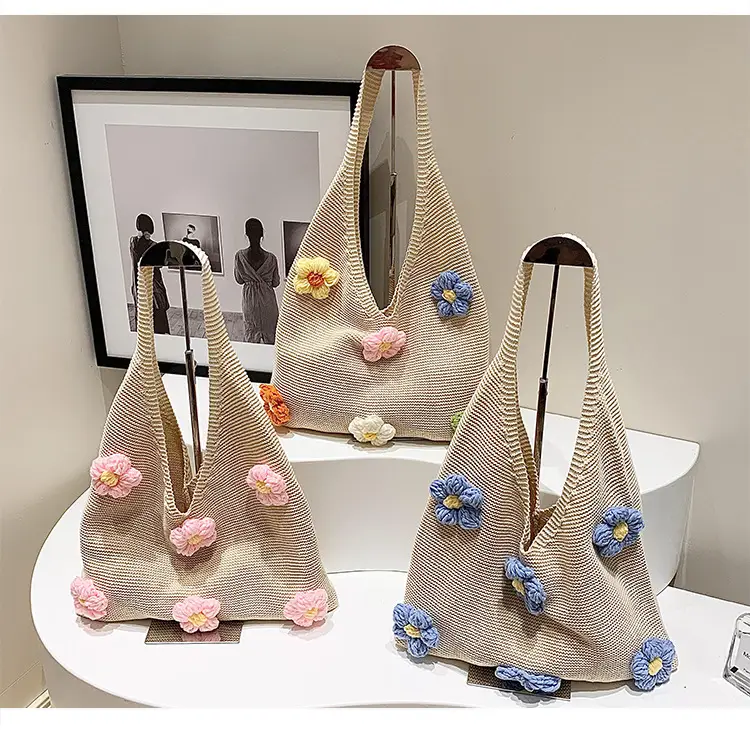 Women Knitted Shoulder Bag Pink Floral Spring Summer 2025 — feature 1