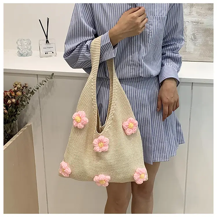 Women Knitted Shoulder Bag Pink Floral Spring Summer 2025 — feature 5