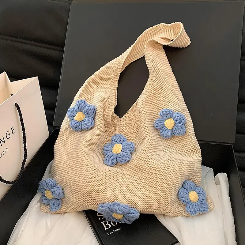 Women Knitted Shoulder Bag Pink Floral Spring Summer 2025