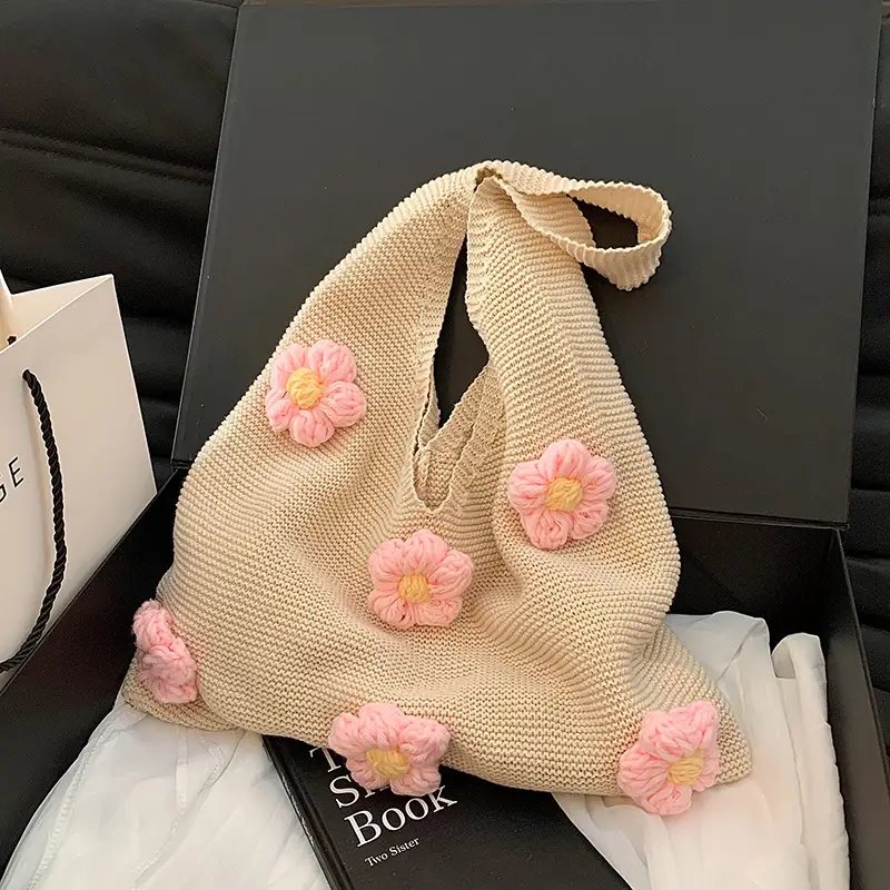 Women Knitted Shoulder Bag Pink Floral Spring Summer 2025