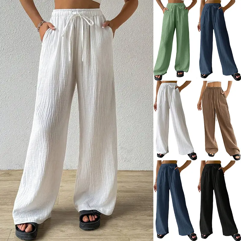 Women's Cotton Linen Wide Leg Pants White Green Brown Black - Image 6