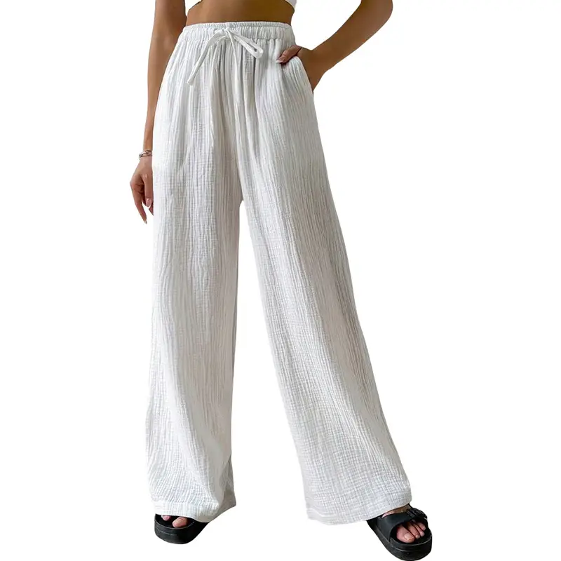 Women's Cotton Linen Wide Leg Pants White Green Brown Black - Image 2