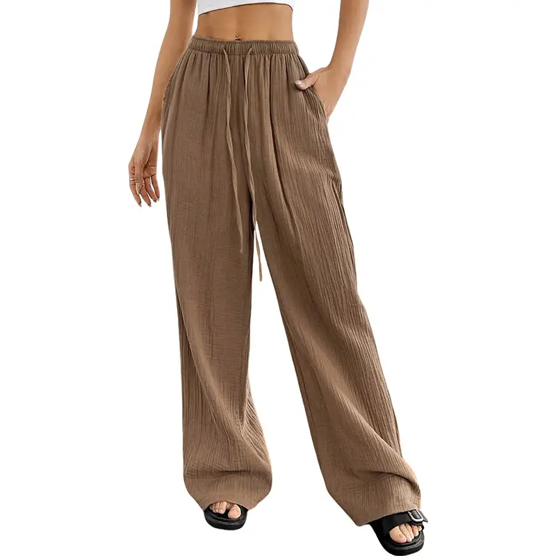 Women's Cotton Linen Wide Leg Pants White Green Brown Black - Image 3