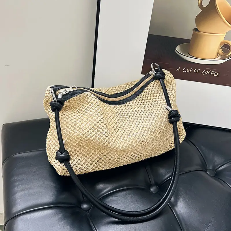 Retro Straw Tote Bag with Black Leather Strap - Image 5