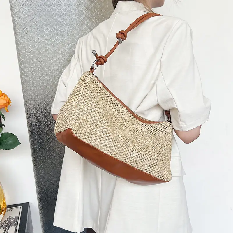 Retro Straw Tote Bag with Black Leather Strap - Image 6