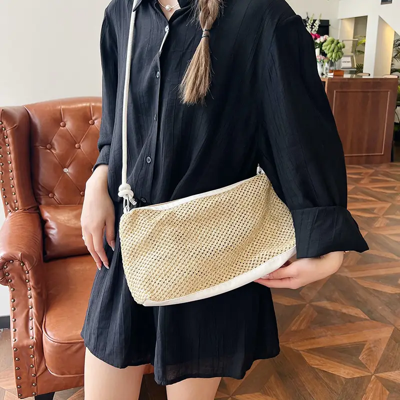 Retro Straw Tote Bag with Black Leather Strap - Image 7
