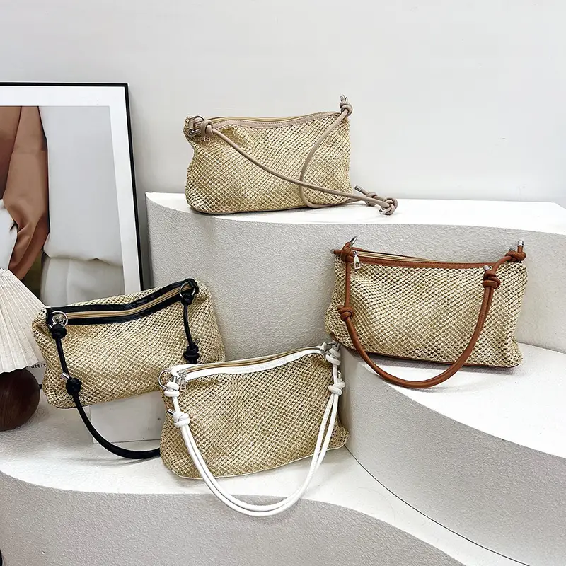 Retro Straw Tote Bag with Black Leather Strap - Image 8
