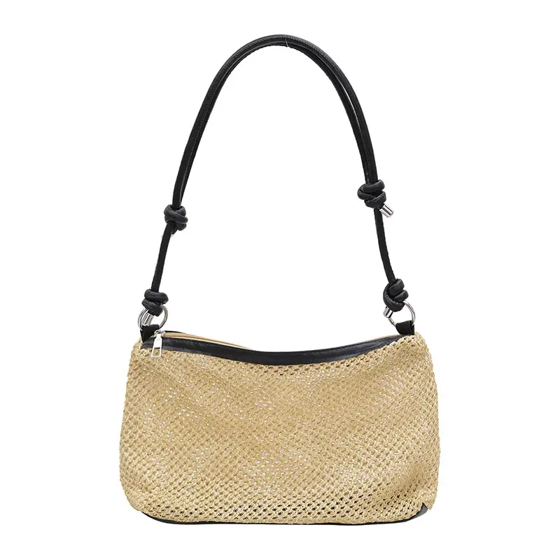 Retro Straw Tote Bag with Black Leather Strap - Image 9